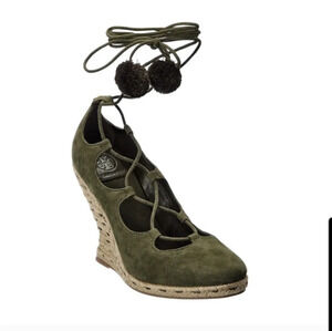 New Tory Burch Heather Wedge Lace Up Espadrille Olive Green‎ Size 6